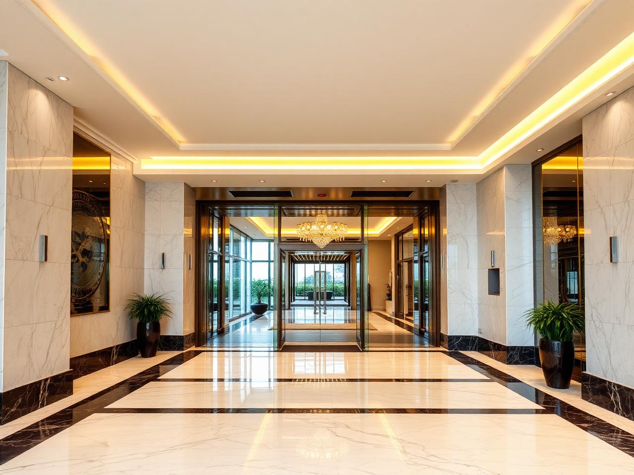 Hall de entrada de condomínio premium com piso espelhado